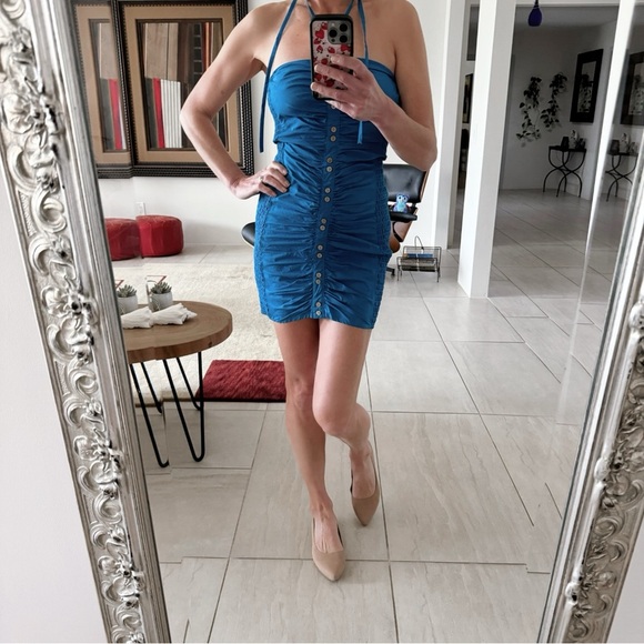 Free People Mini Dress Strapless Blue Pleated Bodycon Size S - Picture 2 of 8